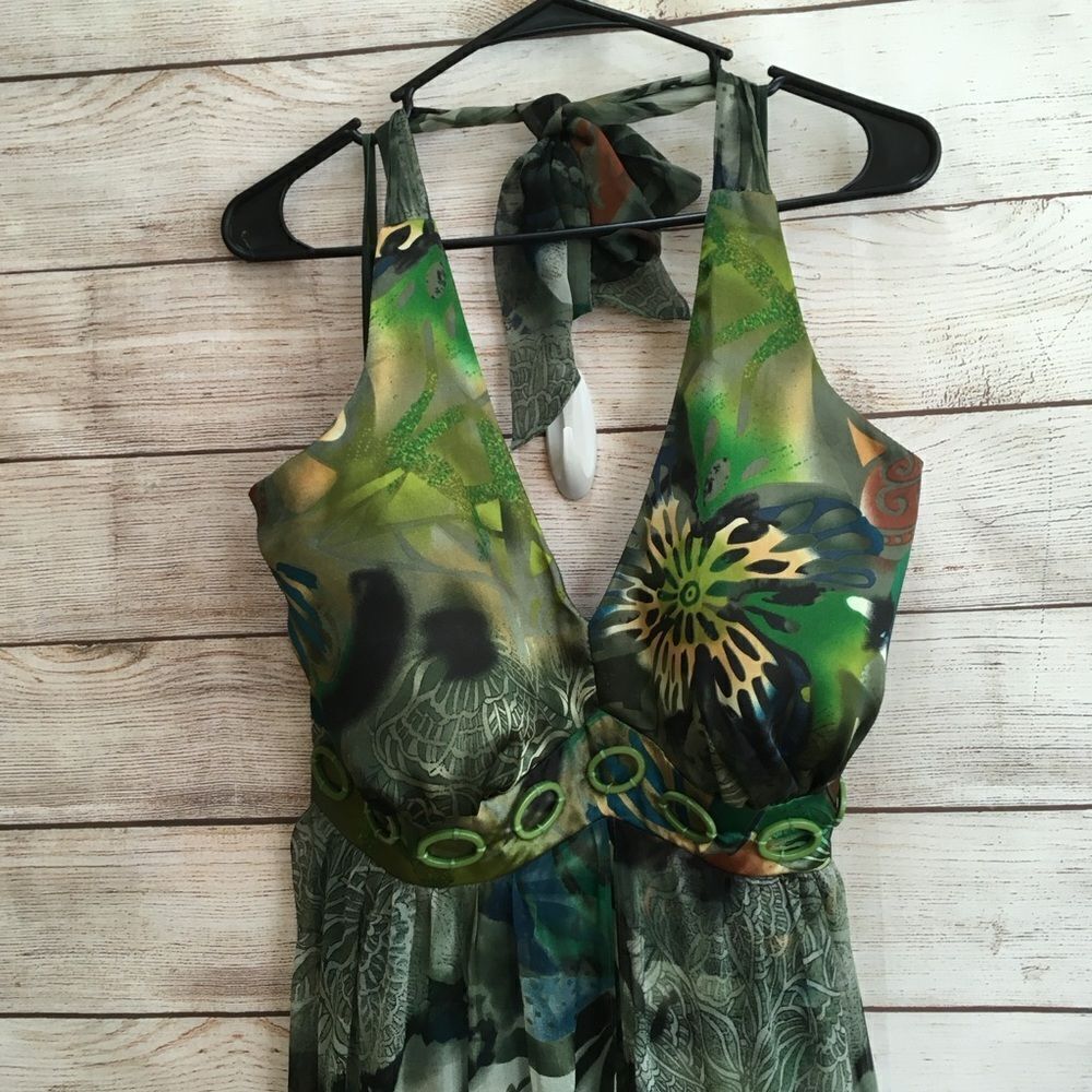 MIDNIGHT VELVET‎ 100% SILK MAXI DRESS IN TROPICAL PRINT - Picture 4 of 12